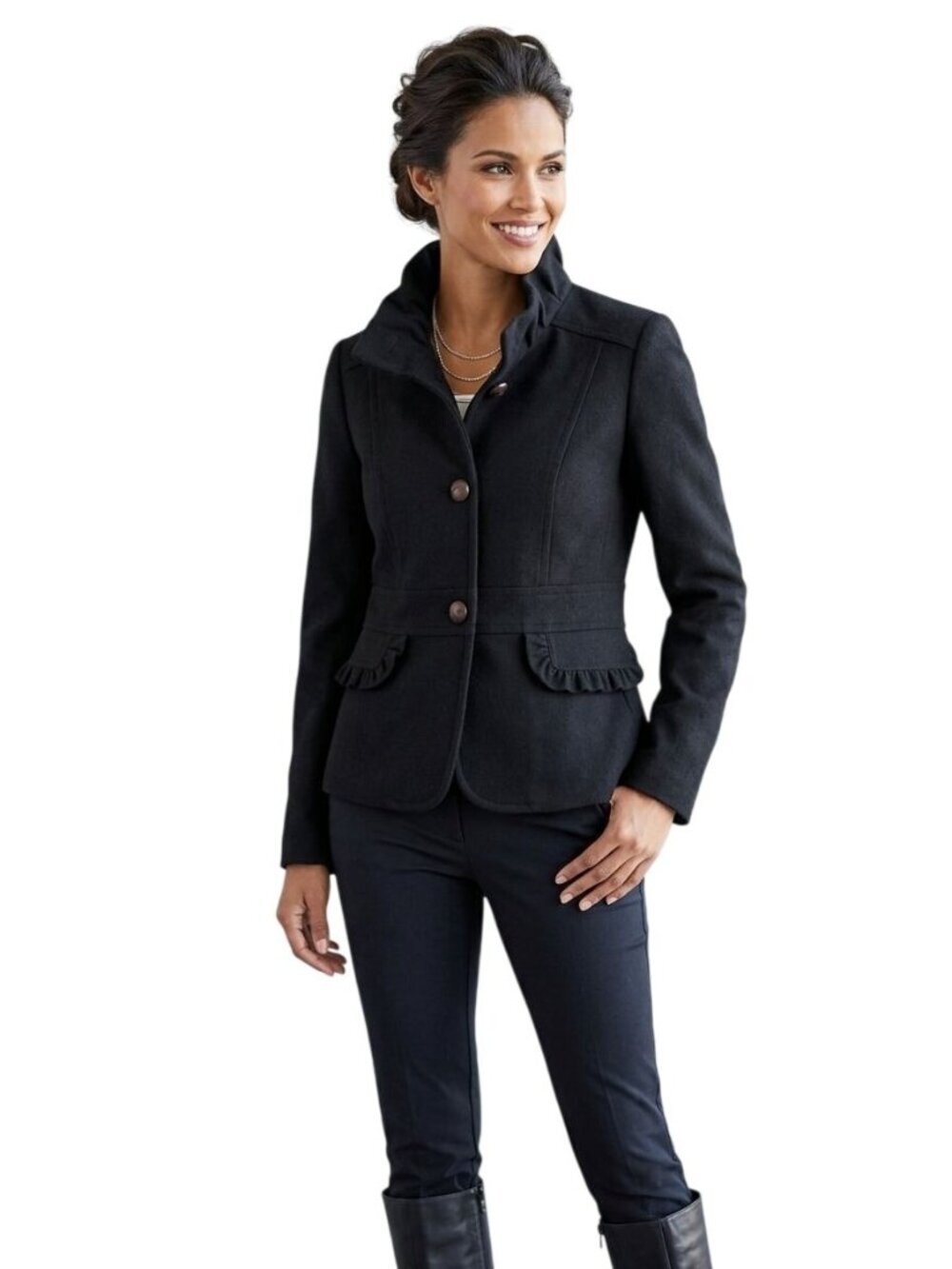 J.Crew Black Wool Blend High Ruffled Collar Ruffled Pockets Pea Coat Size 12